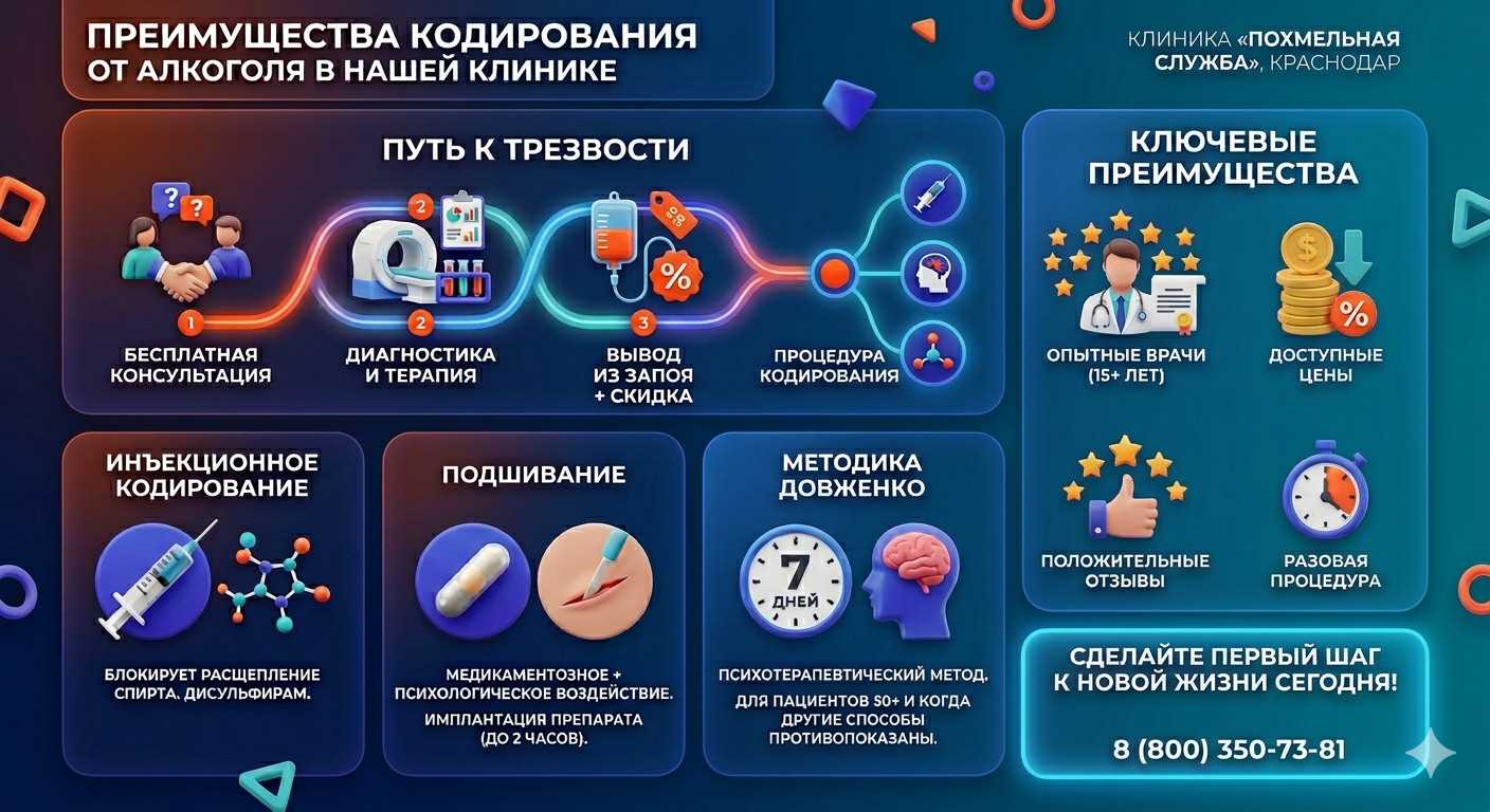 Инфографика о методах кодирования от алкоголя в Николаевске: инъекции, подшивание, метод Довженко. Преимущества клиники и этапы лечения.