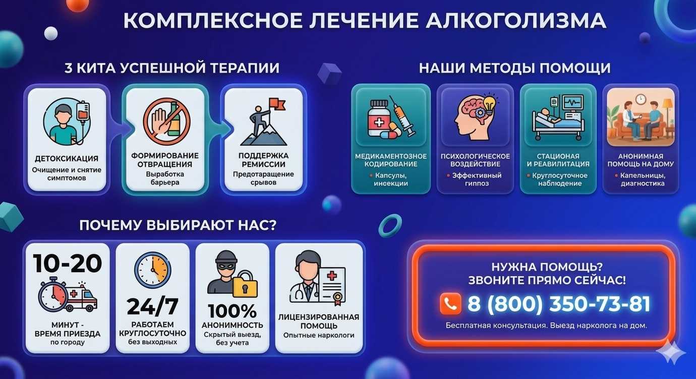 Инфографика о методах лечения алкоголизма в Николаевске: детоксикация, кодирование и анонимная помощь на дому от клиники Похмельная служба.