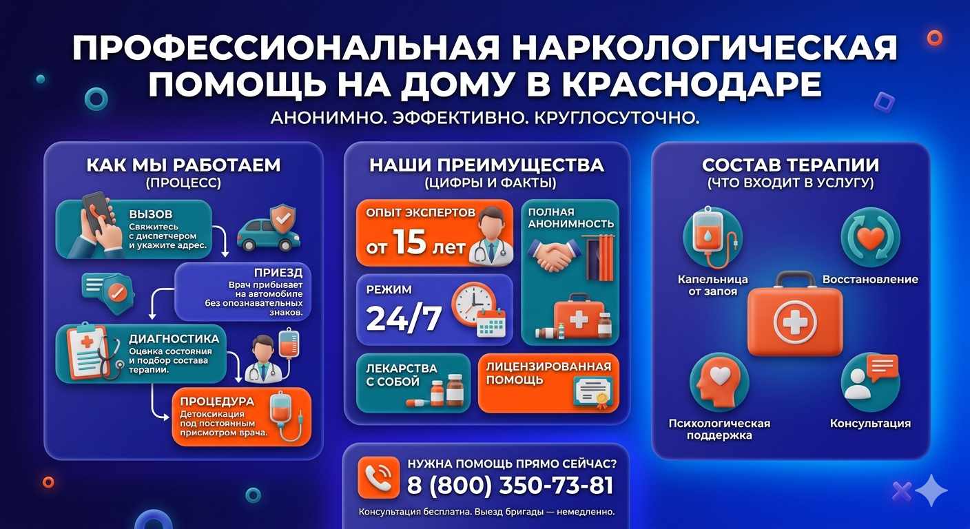 Инфографика о принципах лечения алкоголизма на дому в Николаевске: этапы вызова нарколога, преимущества анонимной детоксикации и состав медицинской помощи.